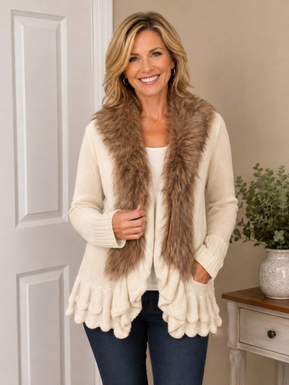 Venus woman’s sweater faux fur trim ruched size medium